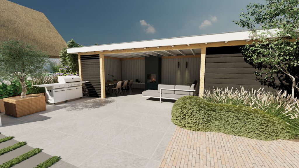 Luxe Tuinontwerp met Natuurlijke Harmonie en Comfort 3 3D beeld strakke tuin met zwembad en poolhouse 6 Photo