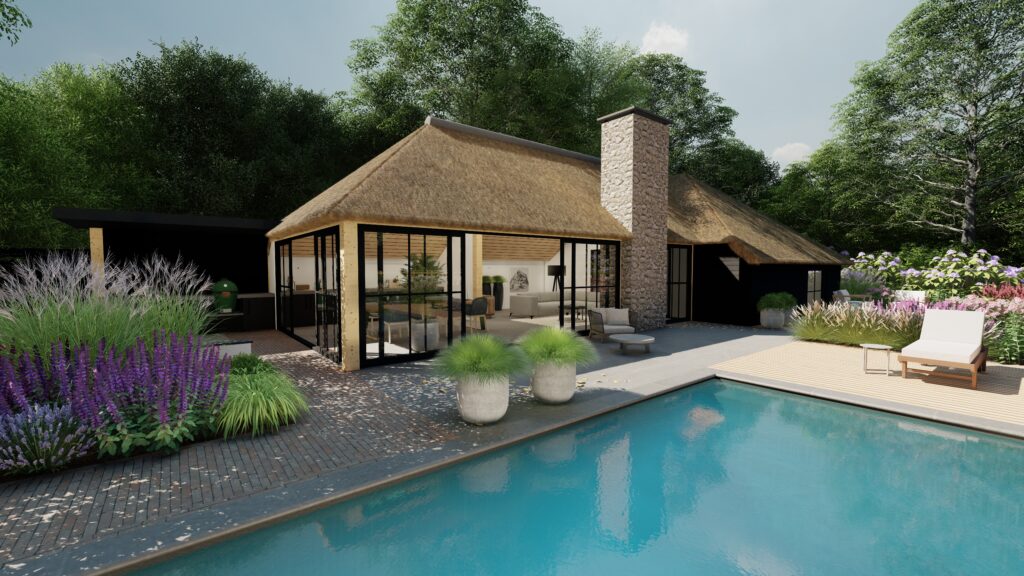 3D beeld tuin met luxe poolhouse rietenkap en zwembad