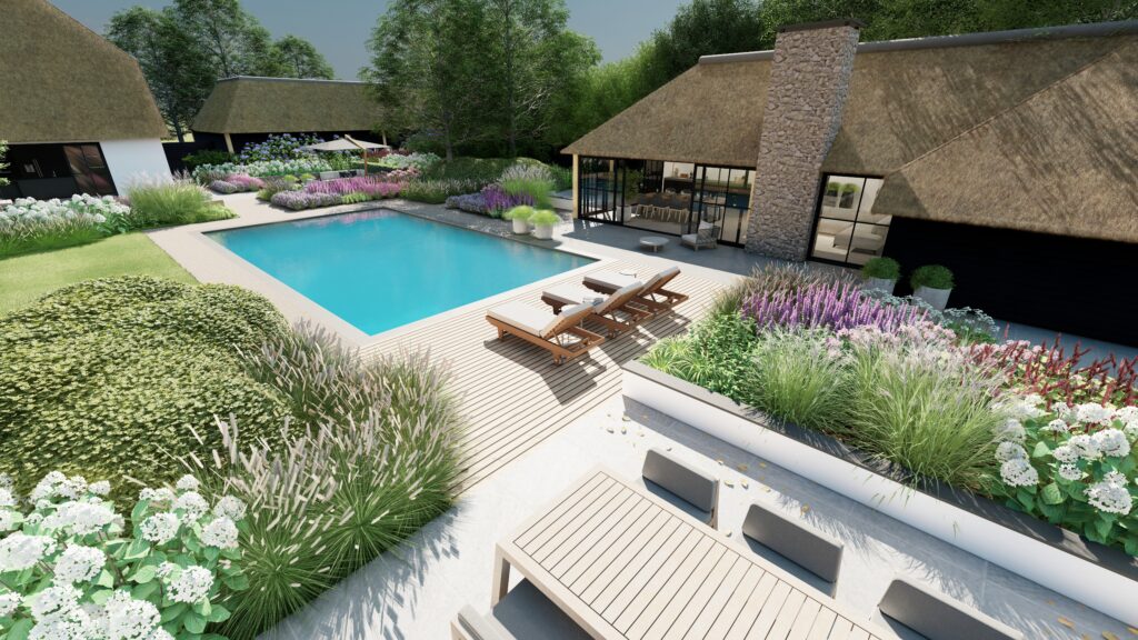 3D beeld tuin met luxe poolhouse rietenkap en zwembad1 2 Photo