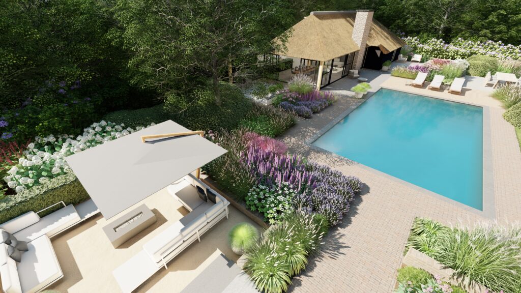 3D beeld tuin met luxe poolhouse rietenkap en zwembad1 3 Photo