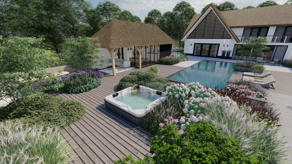 tuinontwerp met groot zwembad jacuzzi en poolhouse veranda 3 Photo