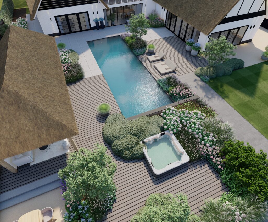 tuinontwerp met groot zwembad jacuzzi en poolhouse veranda 7 Photo